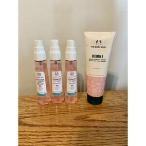 4X The Body Shop *Vitamin E* Skin Cooling Gel Mist NEW Facial Wash SET Serum